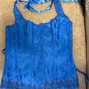 Blue Lace Trim Satin Corset Top